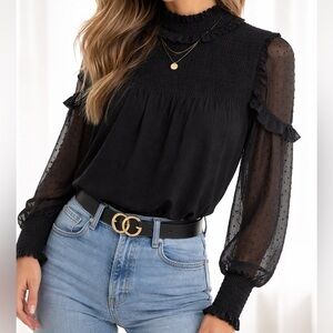 ZARA Trafaluc Black Smocked Swiss Dot Sheer Sleeve Blouse XS